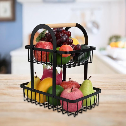 2-Tier Kitchen Fruit Storage Rack: Black with Wooden Handle