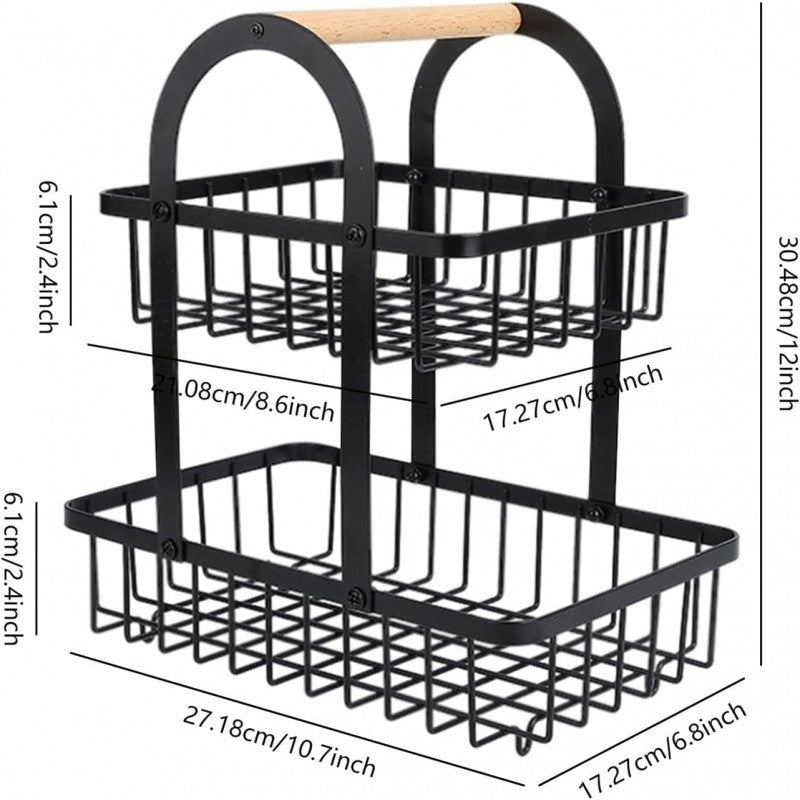 2-Tier Kitchen Fruit Storage Rack: Black with Wooden Handle