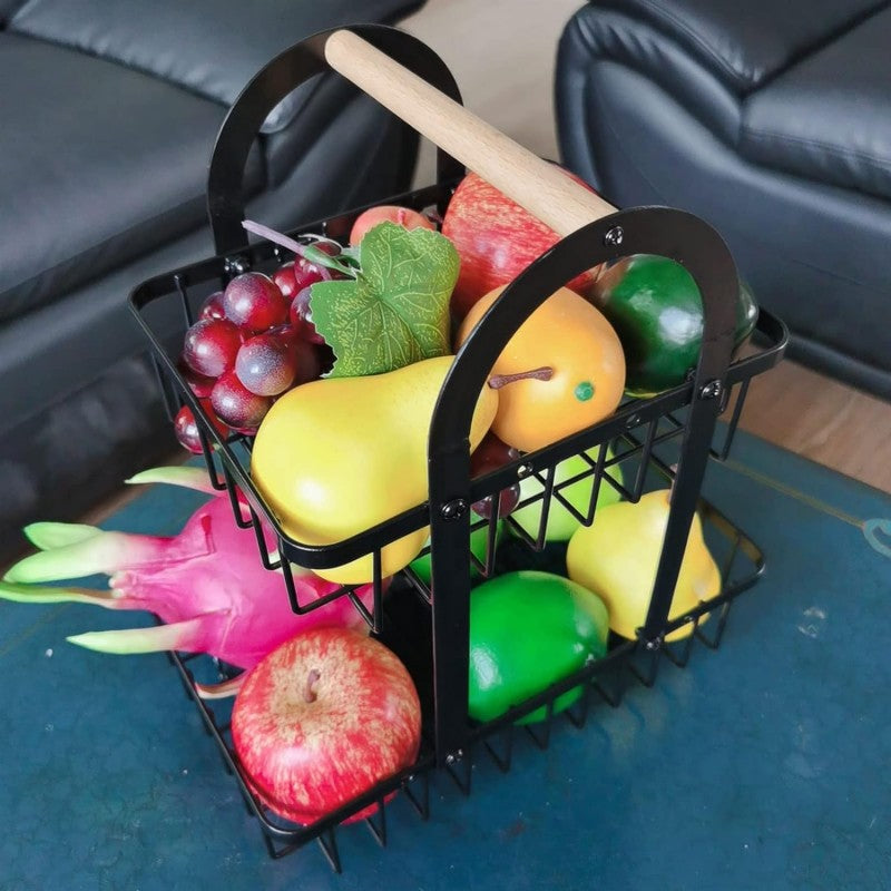 2-Tier Kitchen Fruit Storage Rack: Black with Wooden Handle