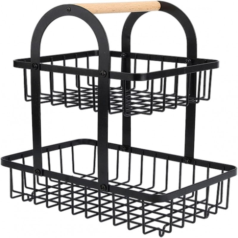 2-Tier Kitchen Fruit Storage Rack: Black with Wooden Handle